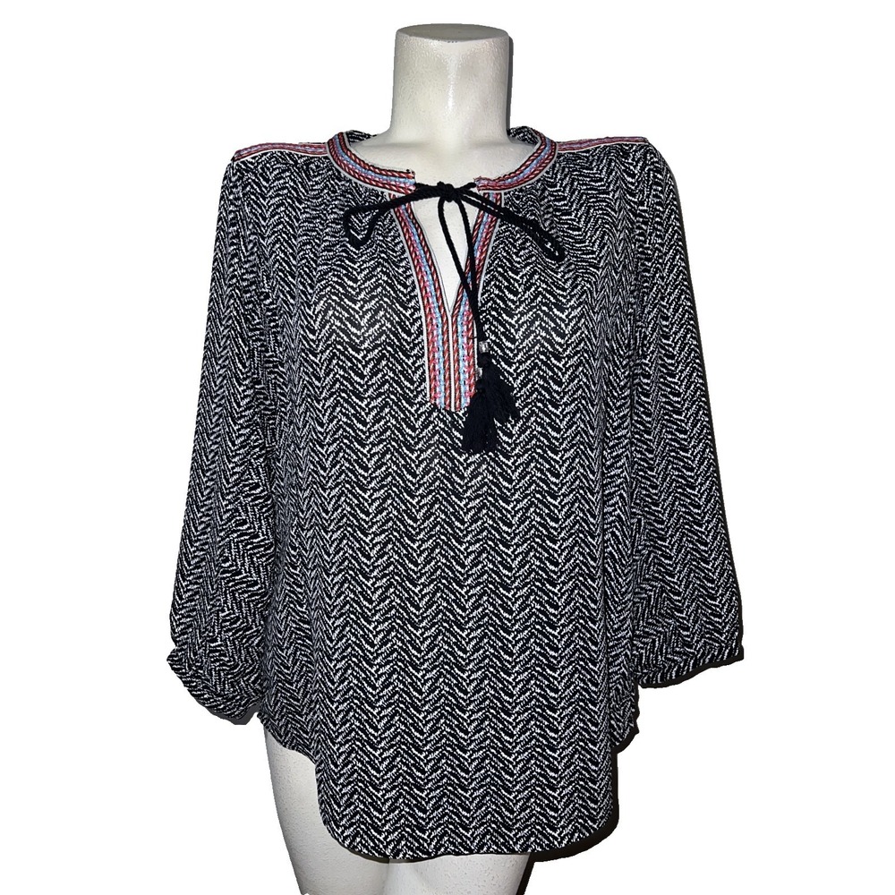 DR2 Womens Black White Chevron Tassel Tie Neck Embroidered Boho Blouse Size L